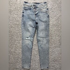 Express Jeans Womens 0 High Rise Skinny Cropped Exposed Button Fly Distressed
